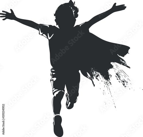 Silhouette of a child wearing a cape, depicting playfulness and superhero imagination in motion.