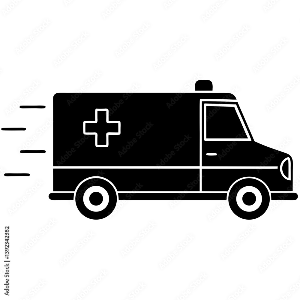 A silhouette of an ambulance rushing forward with emergency lights A silhouette of an ambulance rushing forward with emergency lights