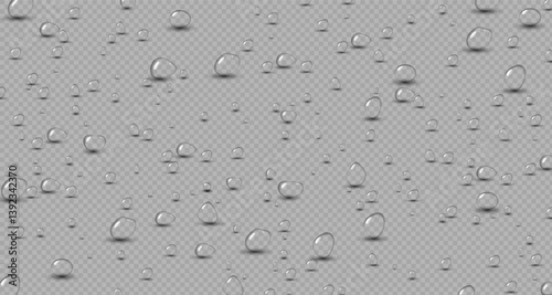 Transparent raindrops dripping down the glass.Realistic texture of wet condensation.Fresh water splash effect on the surface.Spreading liquid drops on transparent background. PNG