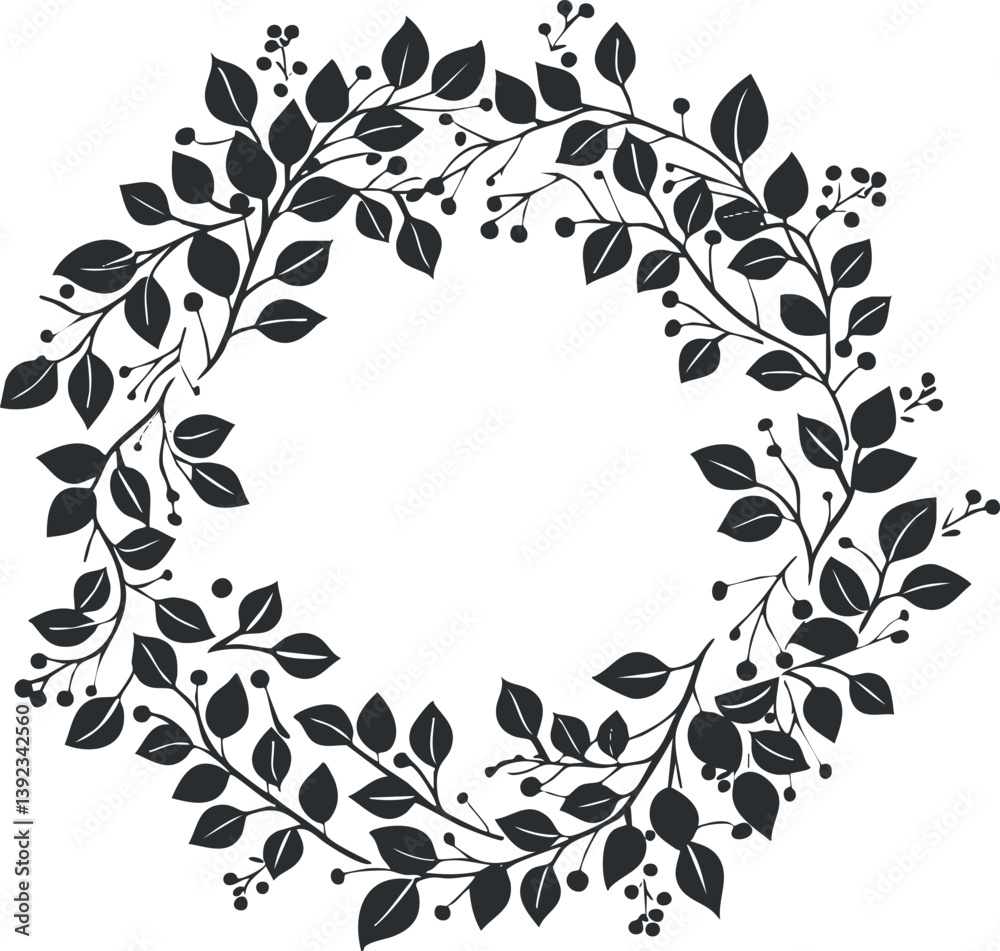 Black and white floral wreath illustration with leaves and branches, perfect for decoration or design. Black and white floral wreath illustration with leaves and branches, perfect for decoration or design.