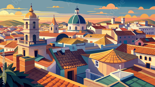Aerial panoramic view of the old city rooftops and Cathedral de Santa Cruz in the morning from tower Tavira in Cadiz, Andalusia, Spain