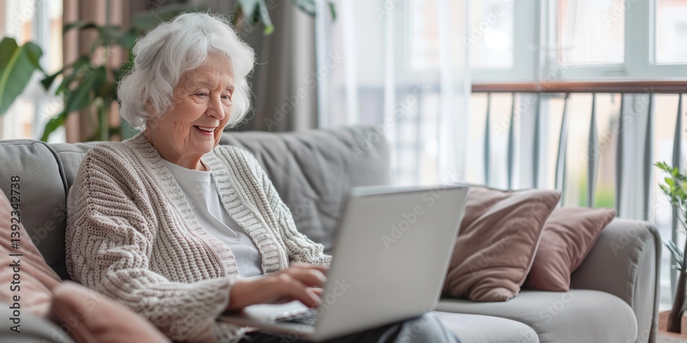 Senior happy woman is using a laptop at home. Home modern light interior. Senior happy woman is using a laptop at home. Home modern light interior.