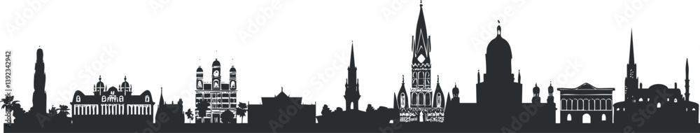 Silhouette illustration of a city skyline featuring iconic buildings and landmarks in black and white. Silhouette illustration of a city skyline featuring iconic buildings and landmarks in black and white.