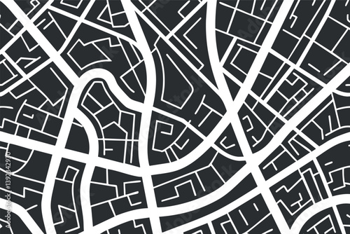 Abstract black and white city map pattern with intricate streets and road network design.