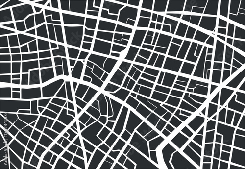 Abstract map pattern showing a complex urban street grid in black and white.