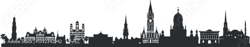 Silhouette illustration of a city skyline featuring iconic buildings and landmarks in black and white.