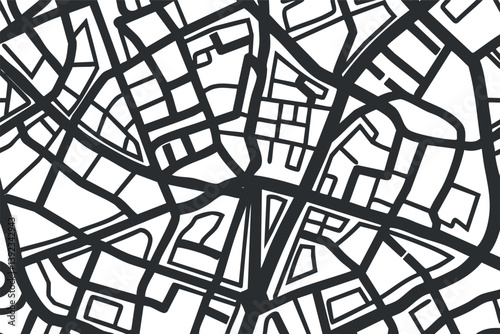 Abstract black and white urban map with intricate line patterns depicting city streets.
