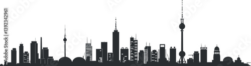 Silhouette of a modern city skyline featuring various skyscrapers and landmarks against a white background.