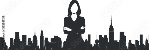 Silhouette of a confident woman standing against a city skyline in black and white.