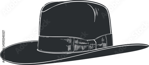 Black fedora hat illustration showcasing classic and elegant fashion accessory in minimalist style.