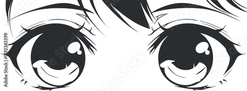 Black and white illustration of anime eyes with detailed pupils and eyelashes in manga style.