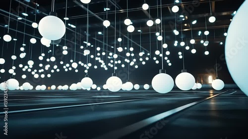 Ethereal installation of glowing orbs suspended in a dark space, creating a mesmerizing atmosphere