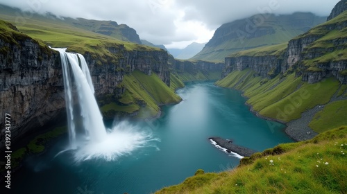 Seven Sisters waterfall in Geirangerfjord, Norway, under cloudy skies at midday, captured in a wide panoramic shot.