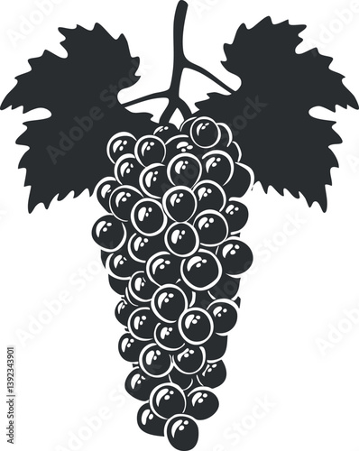 Black and white silhouette of grape bunch with leaves, ideal for agriculture and winemaking themes.