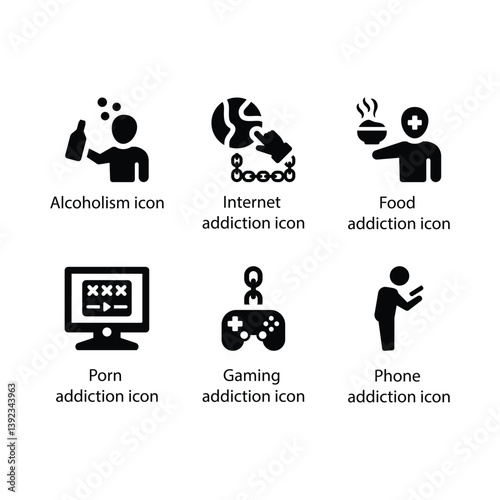 Alcoholism, Internet, Food , Porn , Gaming , Phone addiction, Black Icon Set