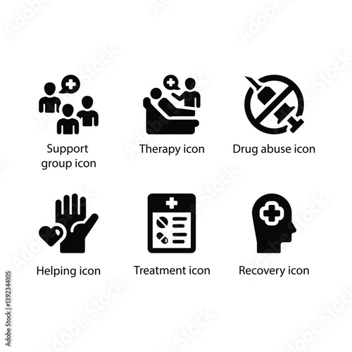 Support group, Therapy, Drug abuse, Helping, Treatment, Recovery, Black Icon Set