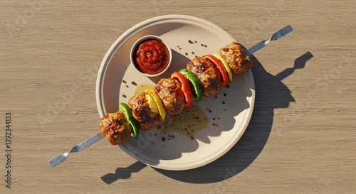 Wallpaper Mural Overhead view of meatball kebab with bell peppers and sauce on a plate on wood table Torontodigital.ca
