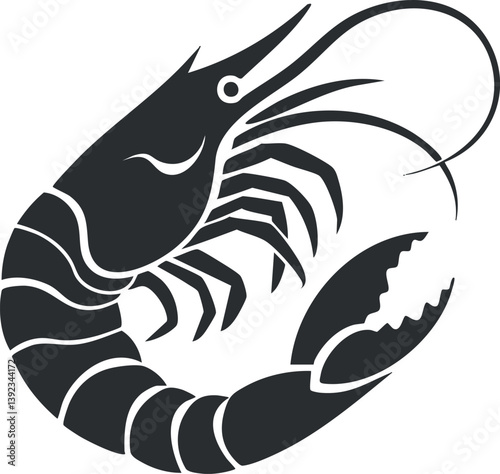 Stylized black and white shrimp silhouette with detailed claws and antennae illustration.