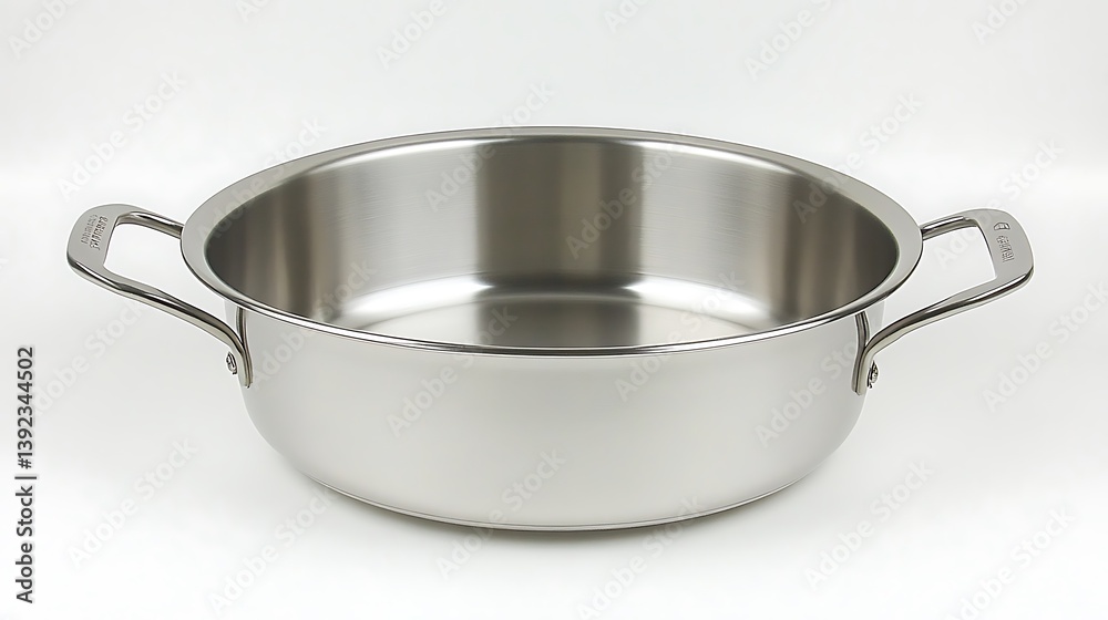 Stainless steel cooking pot with two side handles is displayed Stainless steel cooking pot with two side handles is displayed