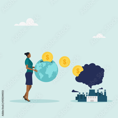 Pay money for burning fossil fuels. Paying carbon tax as a concept of paying for CO2 emissions in a factory. Reducing greenhouse gas emissions. Vector illustration.
