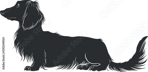Black silhouette of a dachshund dog in profile with long ears and tail.