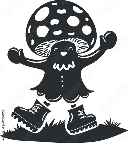 Whimsical cartoon mushroom character wearing boots, expressing joy and playfulness in black and white.