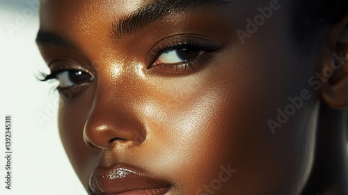 Close-up portrait of a dark-skinned woman with thick curly hair, natural lighting, realistic skin details, curly hair texture, broad nose, full lips