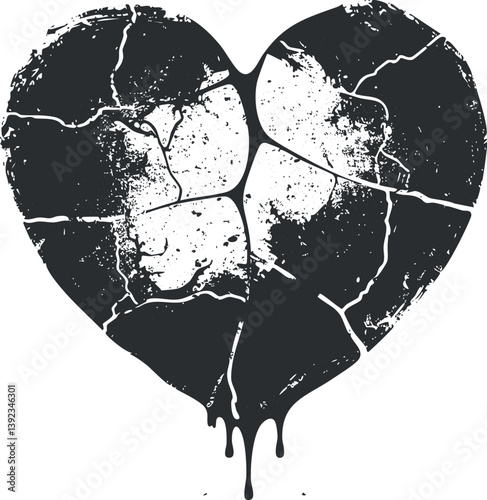 Black and white cracked heart illustration symbolizing heartbreak and emotion with a grunge style.
