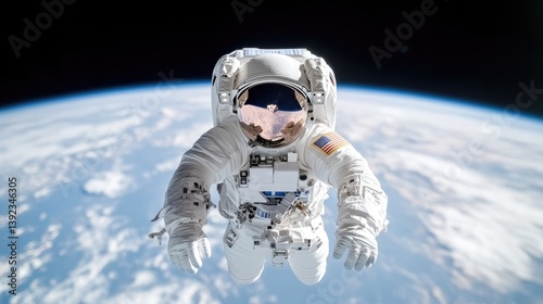 An astronaut floating in space above Earth, detailed white spacesuit with American flag patch, serene and expansive view of the planet, and cosmic adventure concept.