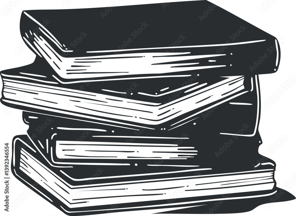 Monochrome illustration of a stack of books in a detailed artistic style.