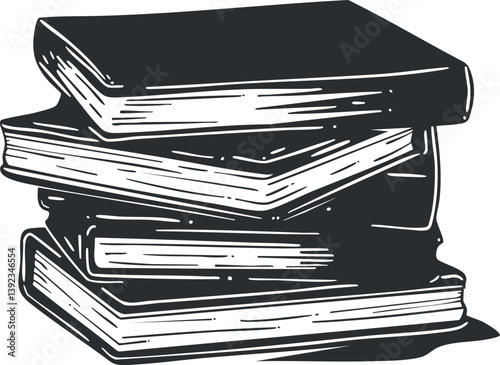 Monochrome illustration of a stack of books in a detailed artistic style.
