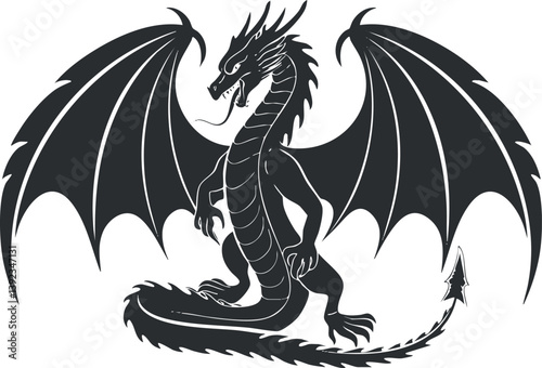 Black silhouette of a fierce dragon with wings, showcasing a mythical and powerful creature.