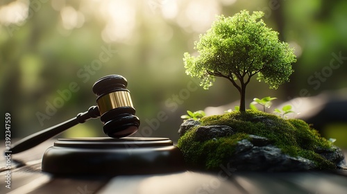Concept of environmental law with a gavel and small tree growing in soil, symbolizing justice and sustainability.
