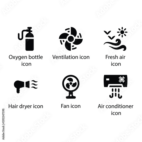 Oxygen bottle, Ventilation, Fresh air, Hair dryer, Fan, Air conditioner, Black Icon Set