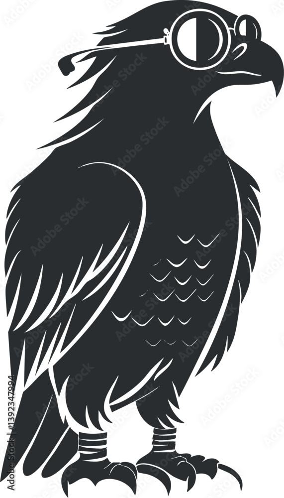 Fototapeta premium Monochrome illustration of a raven wearing goggles, combining steampunk and wildlife elements in silhouette.