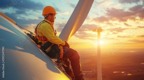 Engineer Conducting Maintenance on a Wind Turbine During a Beautiful Sunset