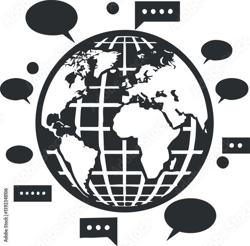 Illustration of a globe surrounded by speech bubbles representing global communication and interaction.