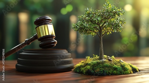 Concept of environmental law with a gavel and small tree growing in soil, symbolizing justice and sustainability.
