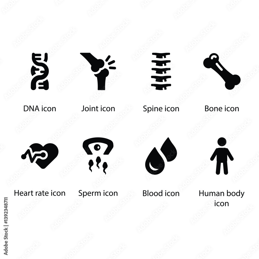 Fototapeta premium DNA, Joint, Spine, Bone, Heart rate, Sperm, Blood, Human body, Black Icon Set