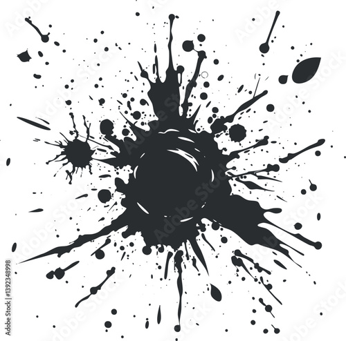 Abstract black ink splash on white background, creating a dynamic and expressive art piece.