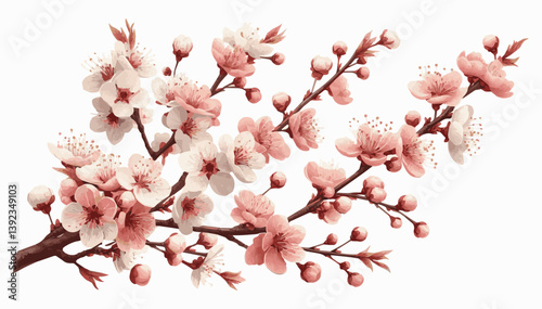 A branch of a cherry blossom on a white isolated background. Vector graphics. EPS.