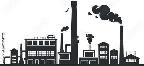 Silhouette of an industrial factory skyline with chimneys emitting smoke against white background.