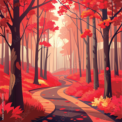 Autumnal path winds through colorful forest.