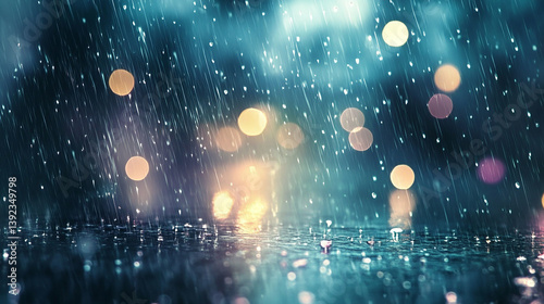 Close-Up of Rain Falling on Wet Surface with Blurred City Lights. Atmospheric Night Scene