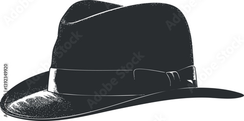 Illustration of a classic black fedora hat with a ribbon, showcasing vintage fashion style.