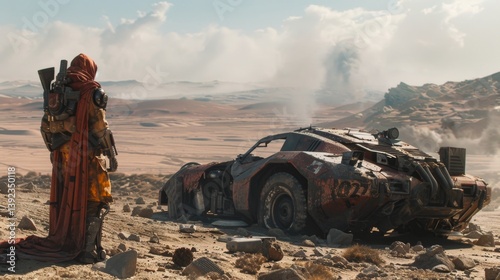 Nomadic AI wanderer explores apocalyptic desert with abandoned vehicle in the background