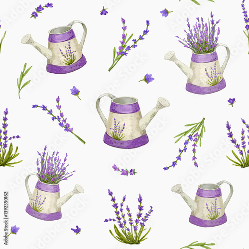 Seamless Pattern with painted vintage watering can and sprigs with lavender flowers