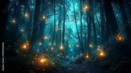 Magical Enchanted Forest at Night. Glowing Fireflies, Mystical Atmosphere