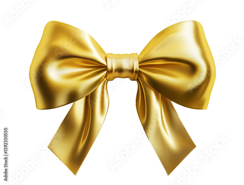  A lustrous gold satin bow with elegantly shaped tails is presented against a transparent background.
