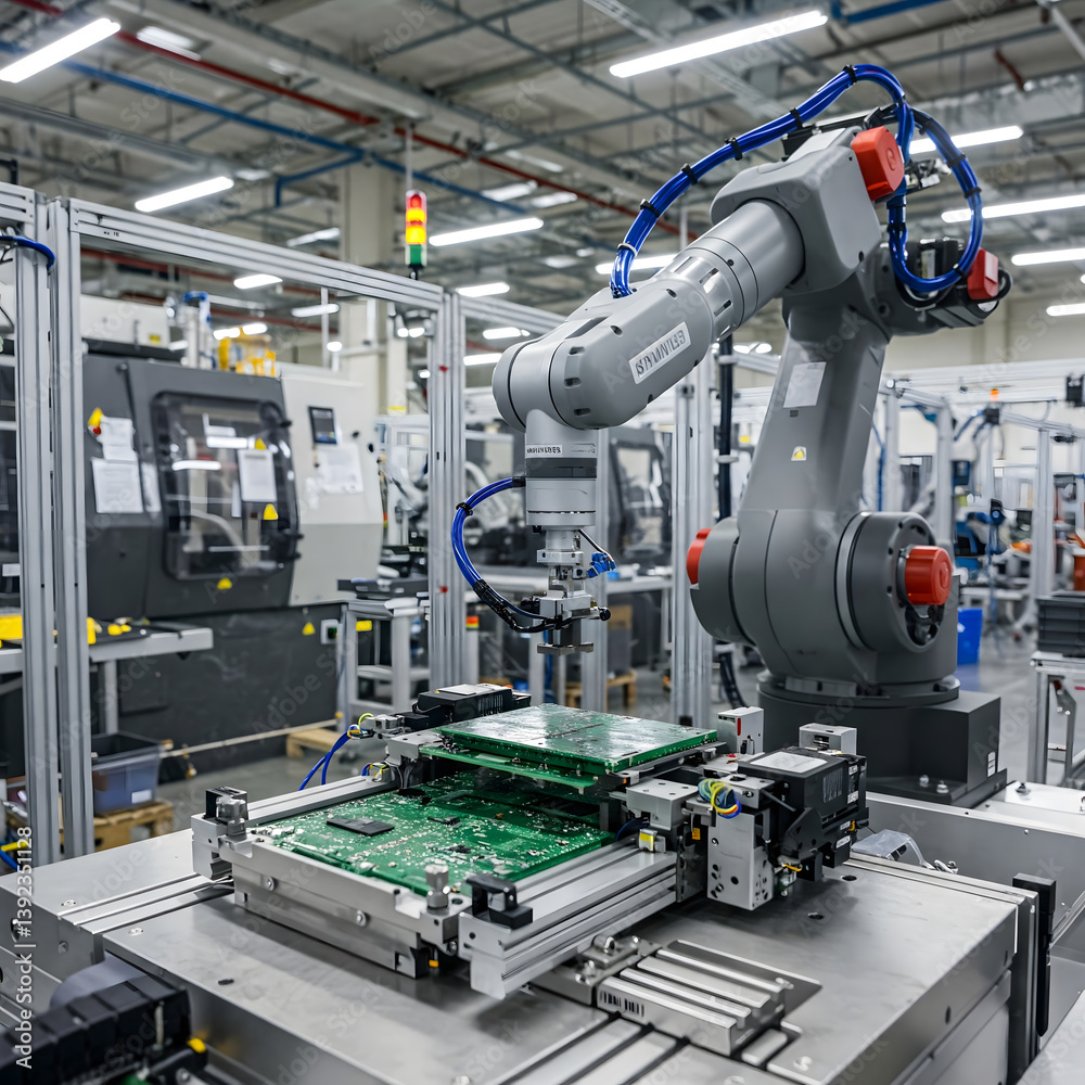 Industrial robot arm precisely handling circuit boards in a modern factory setting. Automation technology